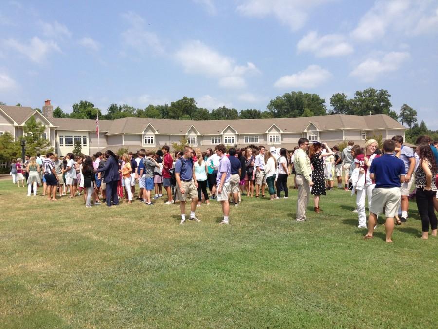 Students line up according to grade level. This was the first fire drill practicing new fire drill procedures.