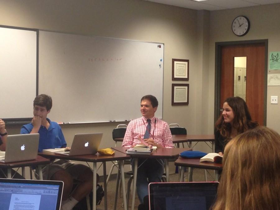 New teacher, Mr. Roszel, teaching his English I class. Mr. Roszel came to St. Georges this school year, along with twenty-two other new teachers and faculty.