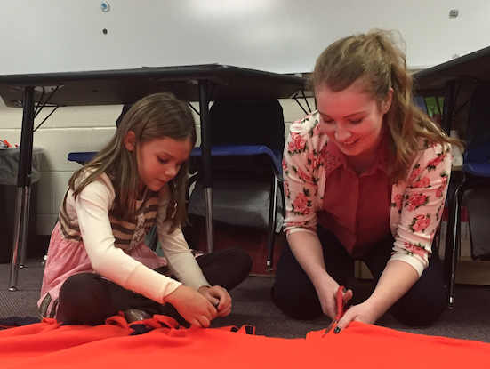 Allie Buckmaster and McClain Jones worked on a blanket for Fleece of Faith at the Germantown campus. The blankets will be donated to the local shelters. 