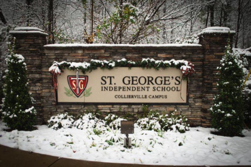 St. George’s is covered by snow during the winter season. The inclement weather policy goes into effect when conditions are deemed unsafe for driving during the academic day.