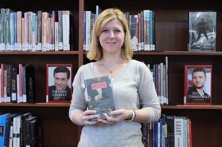 Ms. Vasil holds up one of her favorite books. Her top five favorite books included The Brothers Karamazov, Housekeeping, Jitterbug Perfume,Look at Me and Zero History.