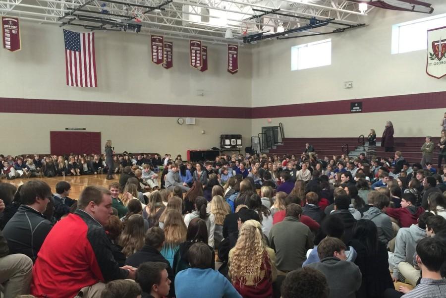 Upper school students sit down to take part in an activity during a diversity assembly. Ms. Amy Lazarus conducted an activity to get students talking about differences amongst people and embracing those differences.  