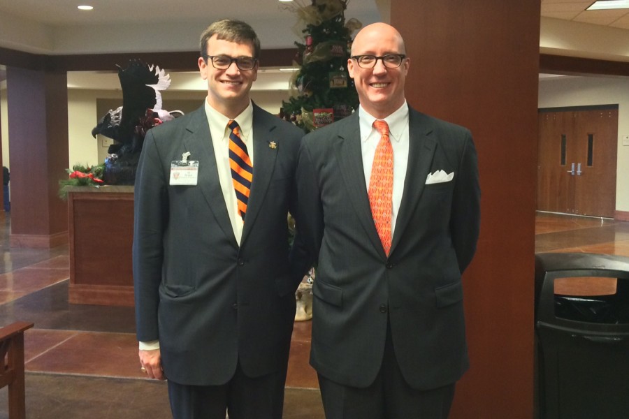 The next head of school, Mr. J Ross Peters (right),  stands next to Mr. Philpott (left), the Director of Advancement, after giving a speech to the middle school. Mr. Peters will assume his position as head of school in July 2015. 