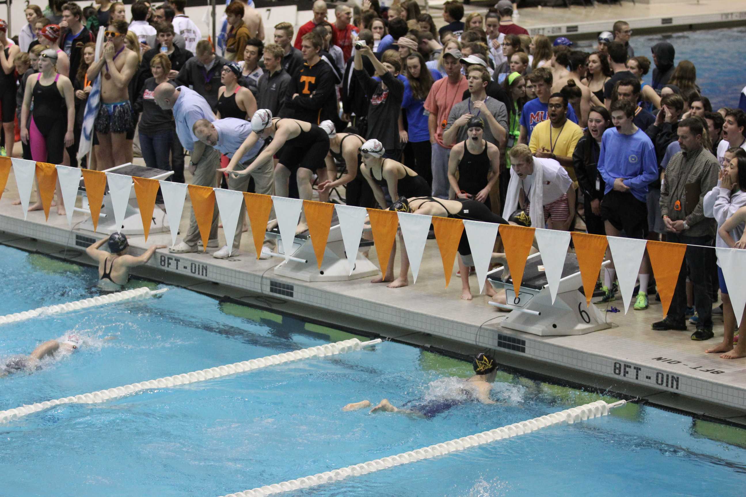 Lexie Marotta dives in after Julia Fogel during a relay while their team cheers them on. A total of seven school records were broken by the Gryphons at the state championships, including Marotta and Fogel's girls' relays.