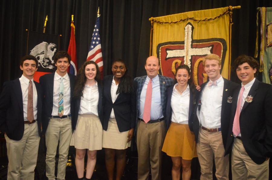 The prefects of the class of 2016, John Kutteh, Harrison Schutt, Sutton Hewitt, Sope Adeleye, Sophia Quesada, William McBride and Will Courtney, stand with Mr. William Taylor. Next years prefects were announced at the academic awards ceremony on Tuesday, May 12.