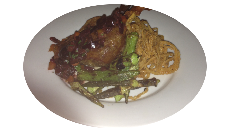 The caramelized duck is served with grilled okra and spiced onion straws. Fun fact: this beautiful eatery once was Priscilla Presley’s hair salon!