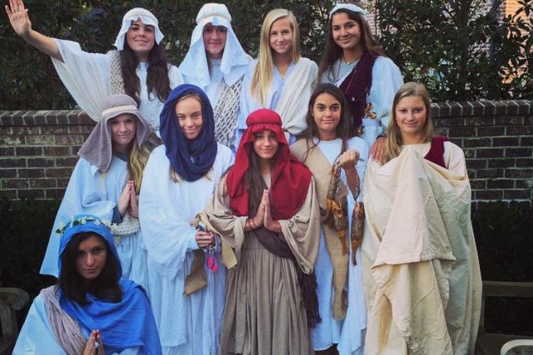 Alexis Margaritis, Sydney Lanyon, Margaret Porter, Isabella Cantu, Sarah Buechner, Claire McCord, Caroline Fossett, Olivia Phillips, Mary Ragan Selberg and Alexia Spentzas dress as the 12 Disciples. Spirit week in the upper school began with group day.