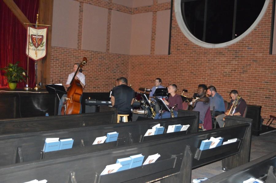 The band, led by Mr. Dennis Whitehead Darling, prepares to perform the music for the production. Bye Bye Birdie premieres on Friday, Nov. 6 and runs to Sunday, Nov. 8.