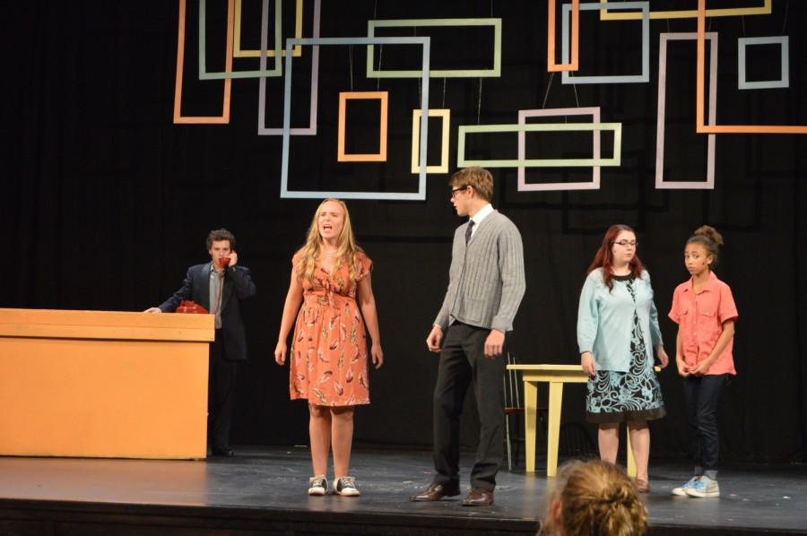 Junior Robert Grissom, seniors Mary Helen McCord and Noah Woods, junior Audrey Pisahl, and eighth-grader Thandie Boudreaux perform a scene from the show. Bye Bye Birdie premieres on Friday, Nov. 6 and runs to Sunday, Nov. 8.
