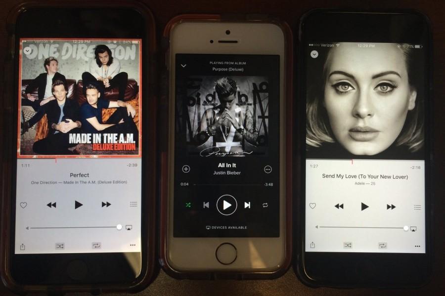 Phones display new music from One Direction, Justin Bieber and Adele. All three artists released new albums this November.