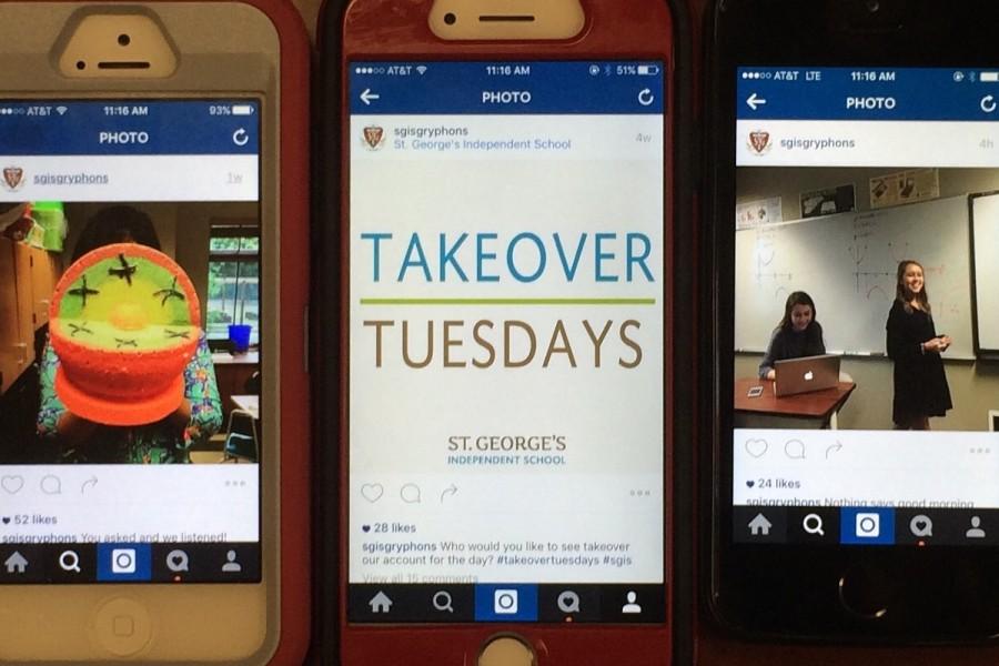 Different Takeover Tuesday pictures from the St. George’s are displayed on students’ phones. Takeover Tuesdays were initiated at the beginning of this school year.