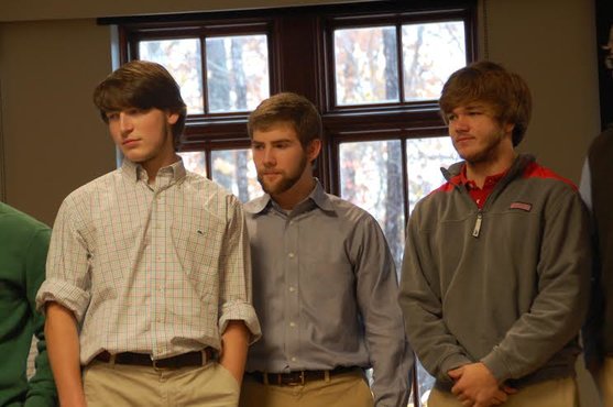 John Carter Hawkins 17, Jack Goodman 17 and Dawson Smith 17 wait for their results in the contest. The No Shave November contest took place in the dining hall on November 30, 2015. 