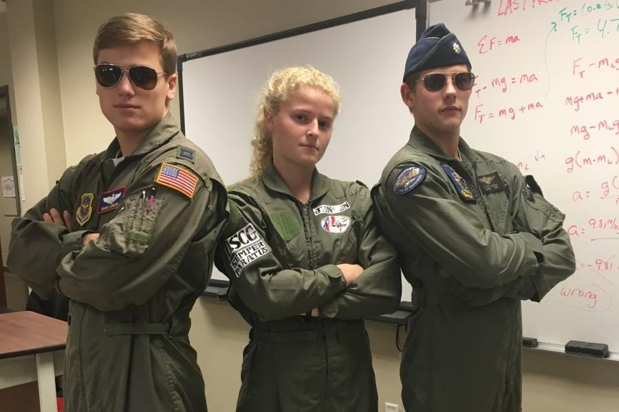 Seniors+Jake+Lindow%2C+Karina+Jensen+and+Noah+Woods+dress+as+fighter+pilots.+Thursday%2C+Jan.+28%2C+was+the+fourth+day+of+spirit+week+with+the+theme+of+Career+Day.