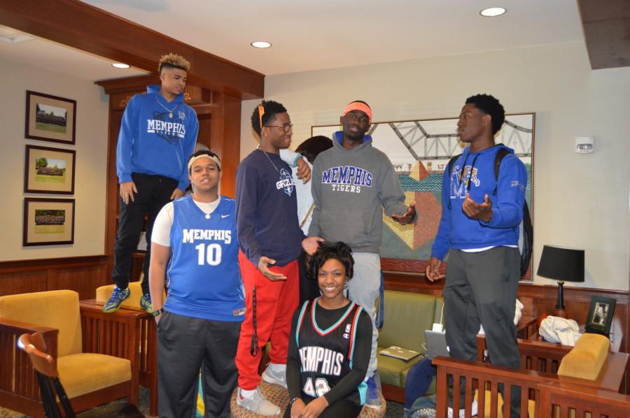 Juniors in the junior lounge wear University of Memphis and Memphis Grizzlies gear. St. Georges students celebrate the last day of spirit week being Memphis heroes. 