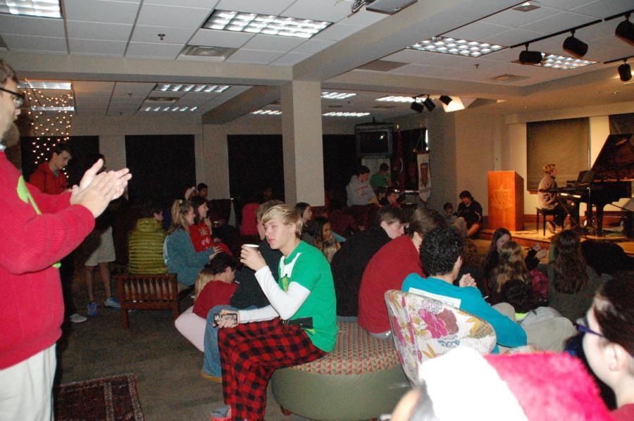 Students gather to watch performances during the Coffee Bar. Instead of having regular study halls, students were encouraged to attend the Coffee Bar in the dining room. 