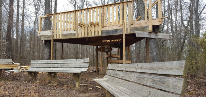 The treehouse stands in the woods almost completed. After the idea first emerged in 2010, the treehouse will officially open on April 9.