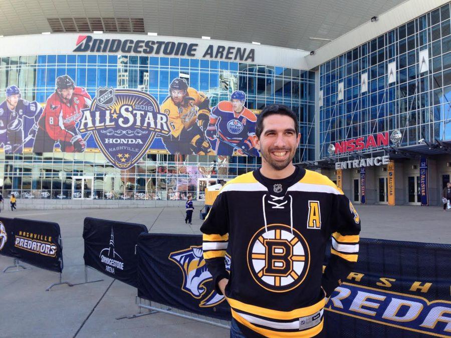 Upper school math teacher Mr. Jimmy Oxsalida poses outside of the Bridgestone arena, home to the Nashville predators. Mr. Oxsalida has been a devout Boston Burins fan for many years now. 