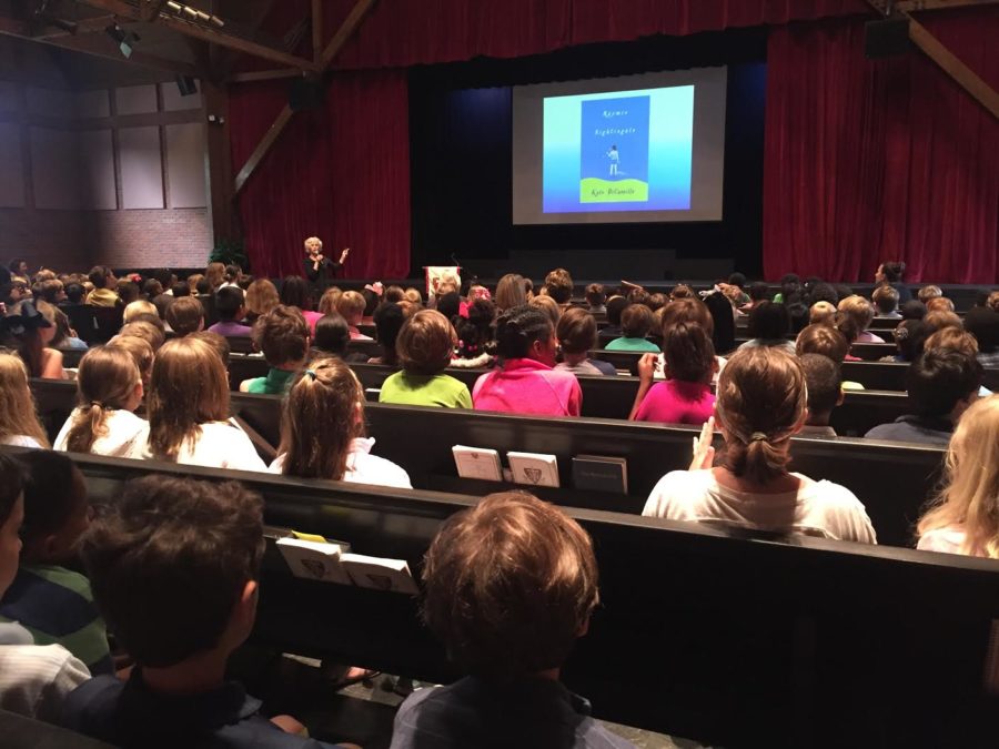Elementary students listen to author Kate Dicamillo talk about her newest book. The award-winning author visited the Germantown Campus on Mon. May 9. 