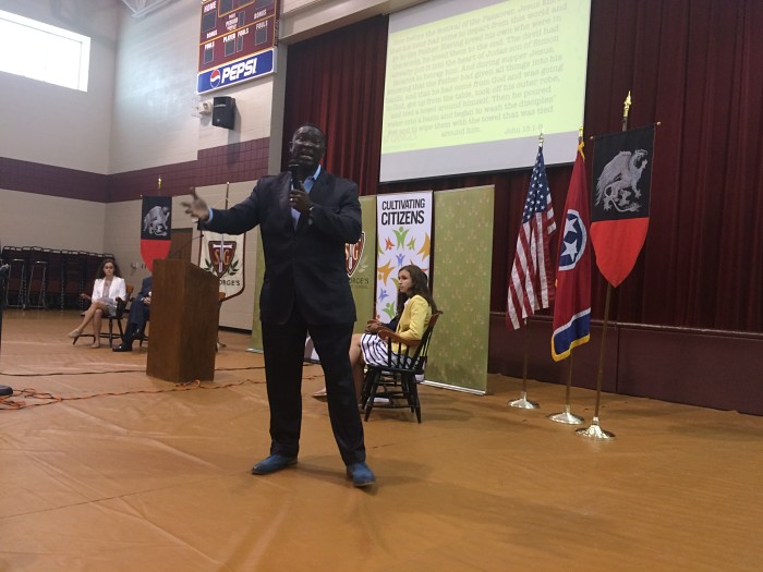 Emmanuel Manny Ohomne gives a speech to the Collierville Campus. Manny visited St. Georges in order to spread awareness for the Institute for Citizenships Samaritans Feet trip to Charleston, North Carolina.