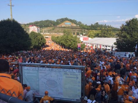 Fans file into the Bristol Motor Speedway. The Tennessee Volunteers faced off against the Virginia Tech Hokies in Bristol, Tenn. drawing a crowd of almost 157,000 fans.