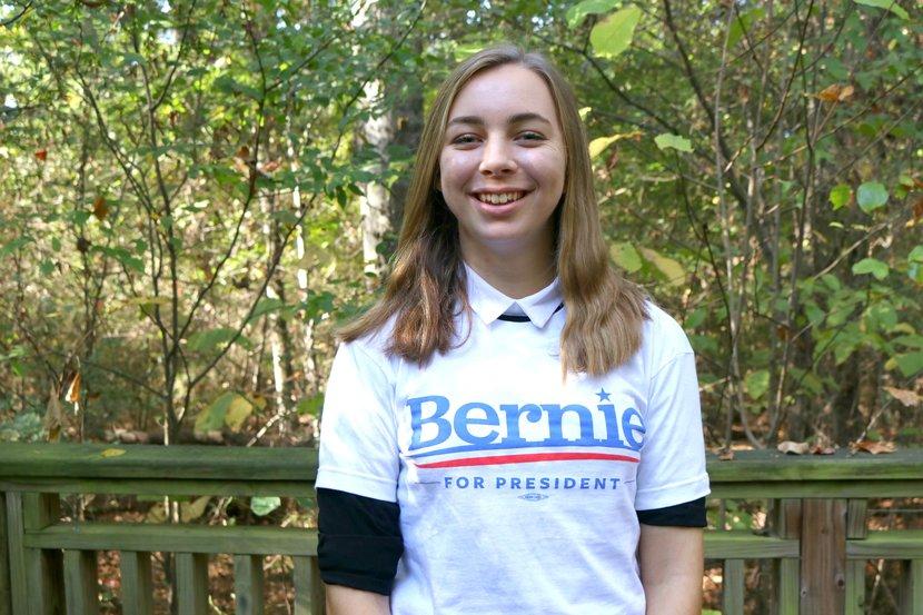 Junior Emily OConnell supports her political beliefs in a Bernie Sanders shirt. OConnell has felt politically isolated since she moved from New York. 