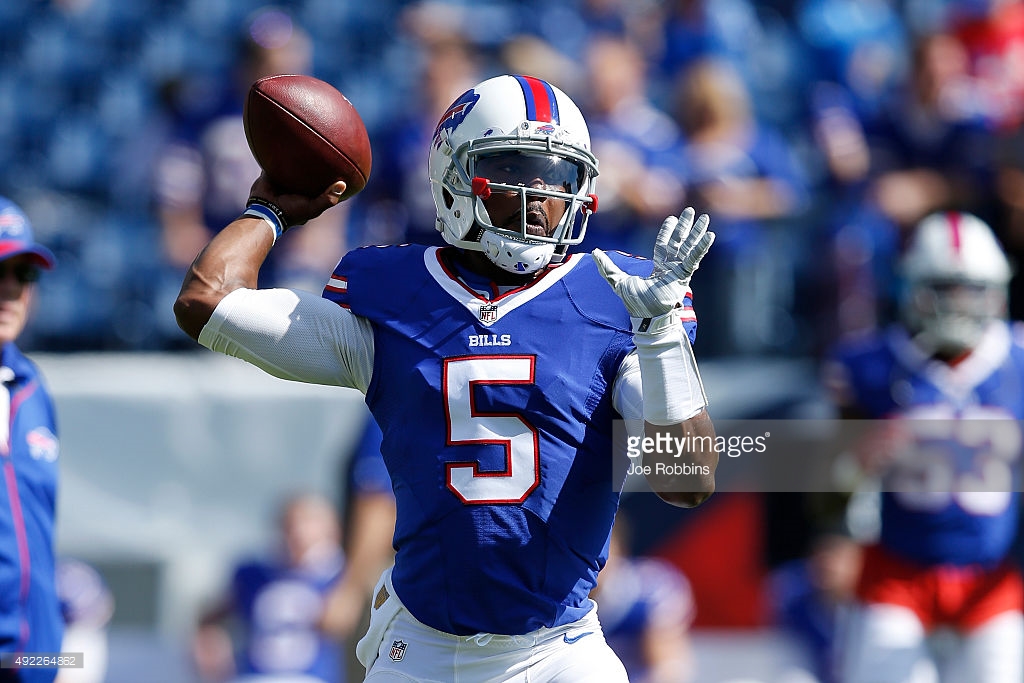 Tyrod Taylor of the Buffalo Bills warms up before a game in 2015. Taylor's Bills made the playoffs, but also have two first-round selections in the upcoming draft.