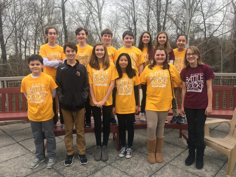 Students who participated in the Battle of the Books competition pose for a picture. St. George’s won the Battle of the Books competition for the first time last week.