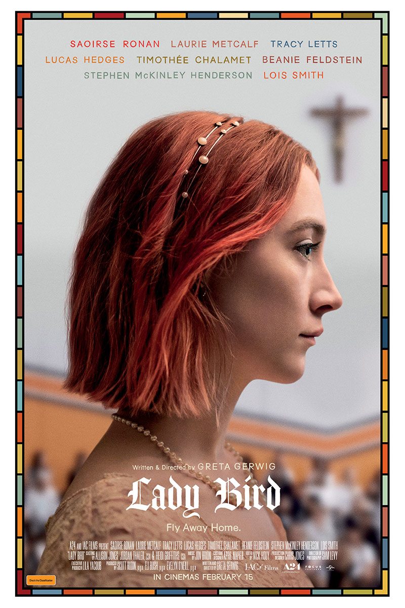 The officially released Ladybird poster shows the title character in her Catholic school. Ladybird is shown to have a tenuous relationship with her Catholic background, something that develops as the film goes on.