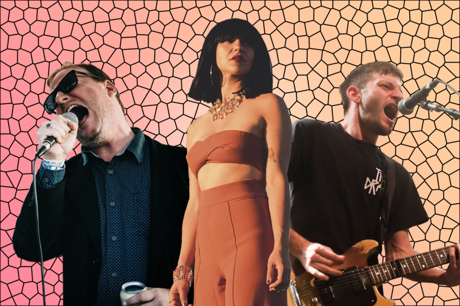 Left to right, Joe Casey of Protomartyr, Laura Lee of Khruangbin, and Stefan Babcock of PUP. All three groups released new singles this week. Photoillustration by Owen Hewitt