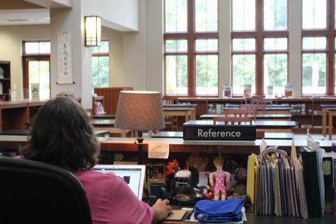 The library sits empty as Ms. Allison works before the sophomore lunch crowd.
