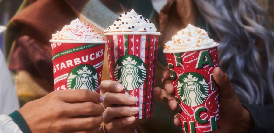 (Left to Right) Toasted White Chocolate Mocha, 
 Peppermint Mocha, Caramel Brulee Latte. There are six Starbucks holiday drinks in total this year, including the new Iced Sugar Cookie Almondmilk Latte.
