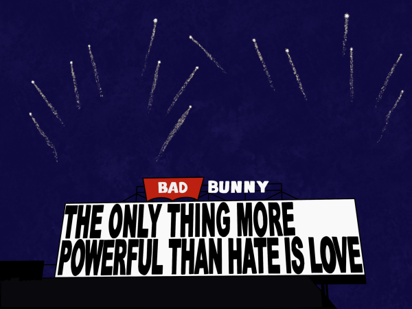 Illustration portrays the message displayed on the video board during Bad Bunny's Super Bowl LX halftime performance at Levi's Stadium on Sunday, Feb. 7.