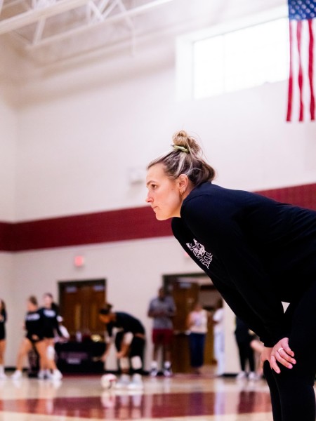Coach Sami Hartsoe looks towards the court during the senior night game agaisnt St. Agnes in Slatery Gym on Sept. 25, 2026. Hartsoe’s team advanced the region finals where they placed second to Northpoint Christian School and would conclude their season in the first round of sub-state. 