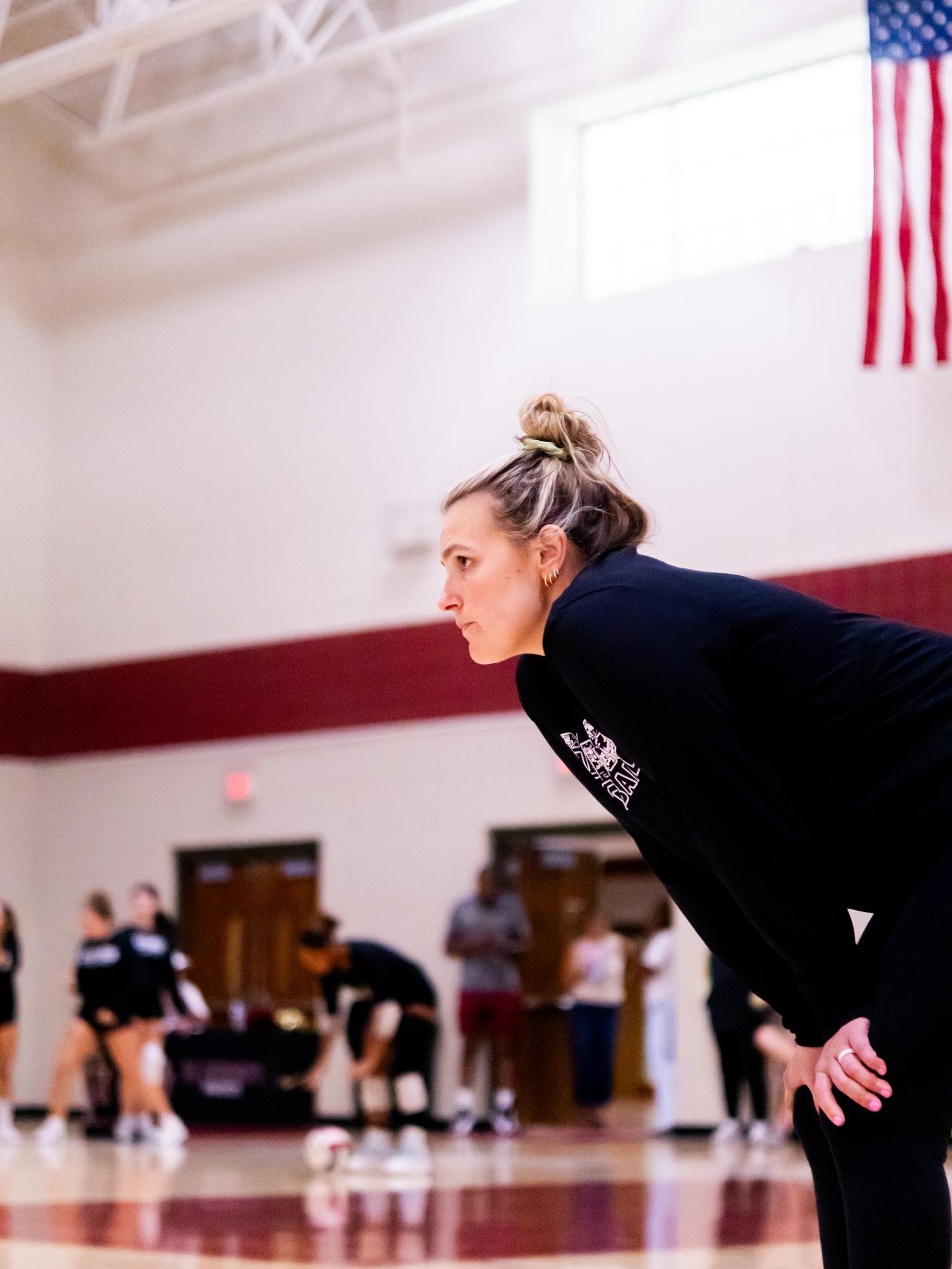 Coach Sami Hartsoe looks towards the court during the senior night game agaisnt St. Agnes in Slatery Gym on Sept. 25, 2026. Hartsoe’s team advanced the region finals where they placed second to Northpoint Christian School and would conclude their season in the first round of sub-state. 